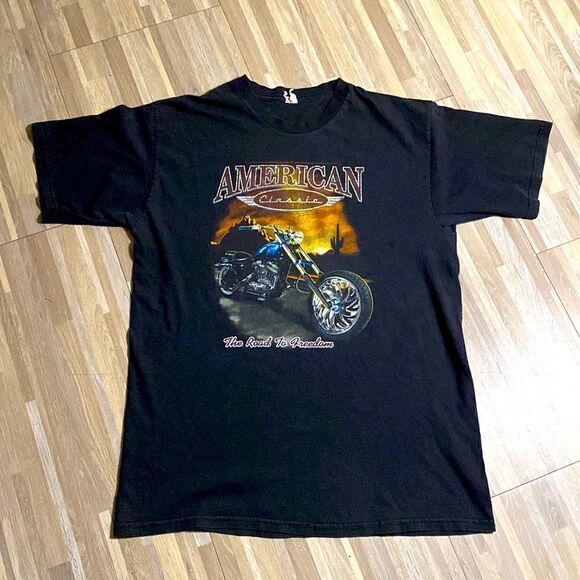 American Classic Motorcycle T Shirt Adult Shirt L Black Worn Faded USA 90s Men - Picture 5 of 5